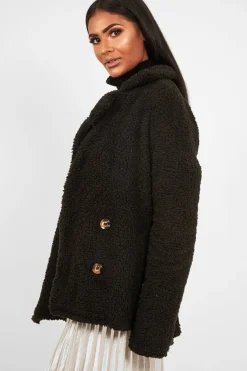Rebellious Fashion Black Borg Button Front Coat - Dasia
