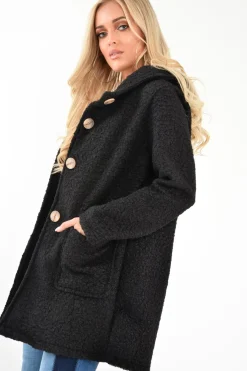 Rebellious Fashion Black Borg Button Front Hooded Coat - Idaliz