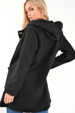 Rebellious Fashion Black Borg Button Front Hooded Coat - Idaliz