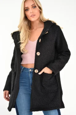 Rebellious Fashion Black Borg Button Front Hooded Coat - Idaliz