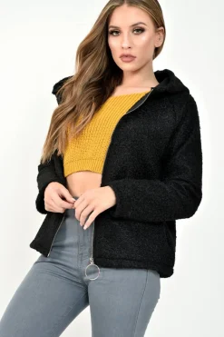 Rebellious Fashion Black Borg Hooded Zipper Front Coat - Bryley
