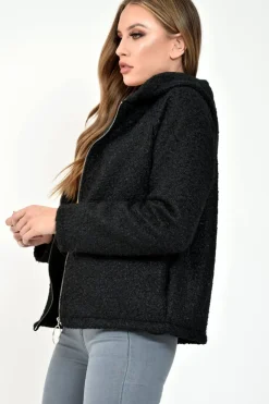 Rebellious Fashion Black Borg Hooded Zipper Front Coat - Bryley
