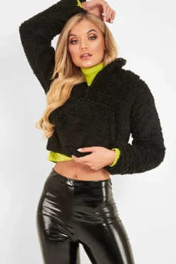 Rebellious Fashion Black Borg Zip Front Crop Jacket - Kazi