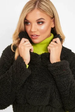 Rebellious Fashion Black Borg Zip Front Crop Jacket - Kazi