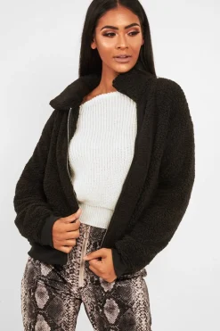 Rebellious Fashion Black Borg Zip Front Jacket - Danyelle
