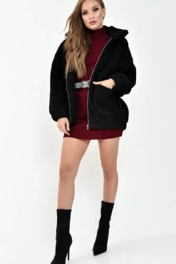 Rebellious Fashion Black Borg Zipper Front Pocket Coat - Jacklynn