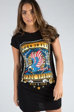 Rebellious Fashion Black Born To Fly Slogan T-Shirt Dress - Isabella
