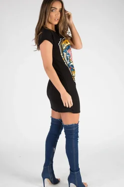 Rebellious Fashion Black Born To Fly Slogan T-Shirt Dress - Isabella