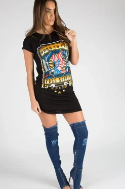 Rebellious Fashion Black Born To Fly Slogan T-Shirt Dress - Isabella