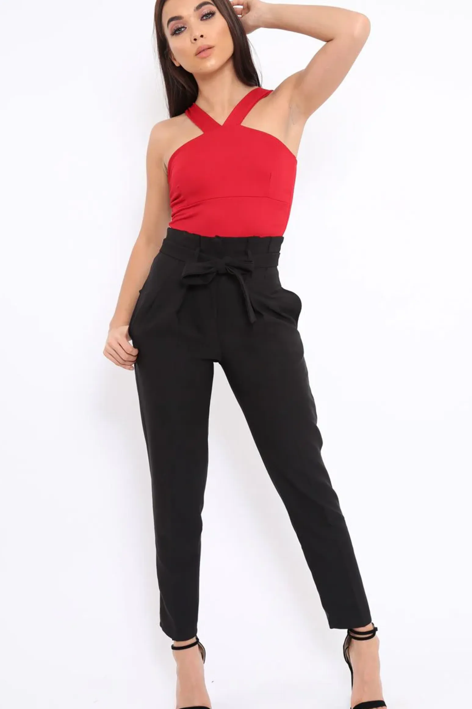 Rebellious Fashion Black Bow Belted Tapered Trousers - Miley