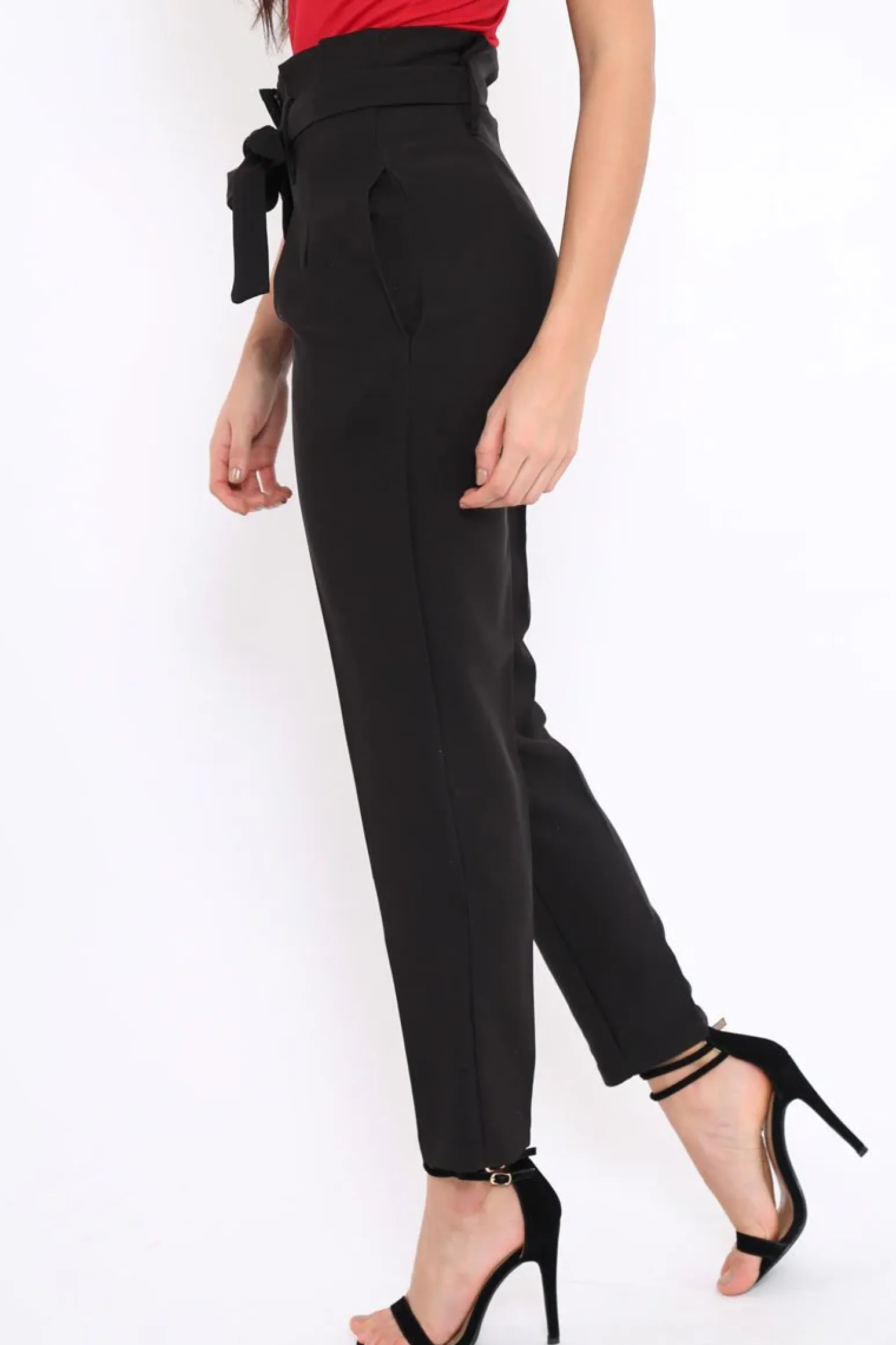 Rebellious Fashion Black Bow Belted Tapered Trousers - Miley