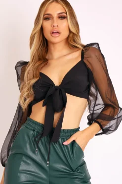 Rebellious Fashion Black Bow Front Organza Sleeve Crop Top - Eddie
