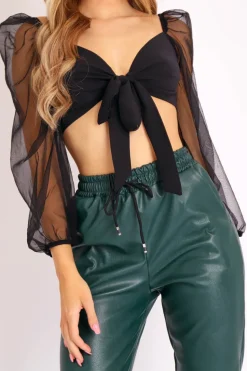 Rebellious Fashion Black Bow Front Organza Sleeve Crop Top - Eddie