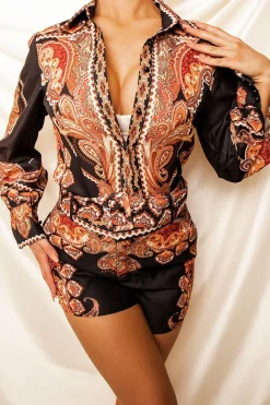 Rebellious Fashion Black Brown Paisley Belted Short and Shirt Co-ord - Rudy