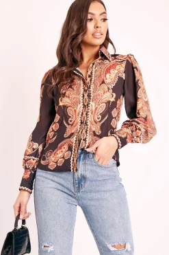 Rebellious Fashion Black Brown Paisley Print Button Front Shirt - Raina
