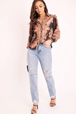 Rebellious Fashion Black Brown Paisley Print Button Front Shirt - Raina