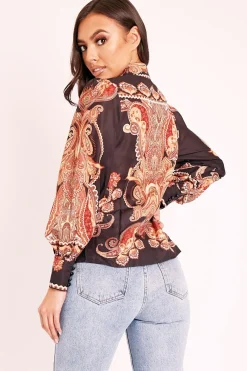 Rebellious Fashion Black Brown Paisley Print Button Front Shirt - Raina
