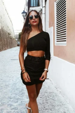 Rebellious Fashion Black Buckle Belted Utility Skirt - Fallyn