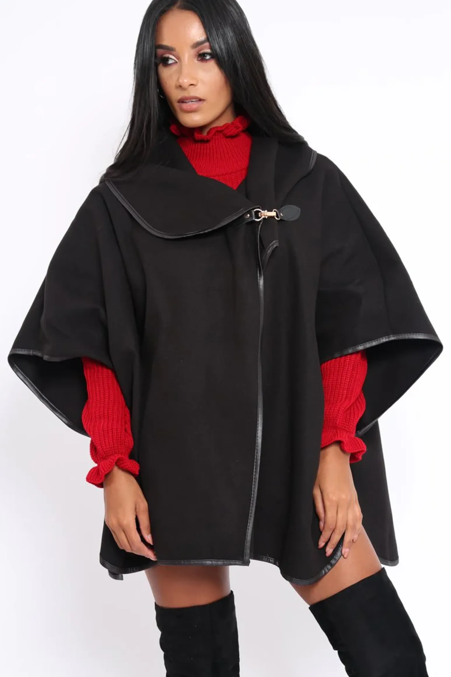 Rebellious Fashion Black Buckle Clasp Poncho - Jozie