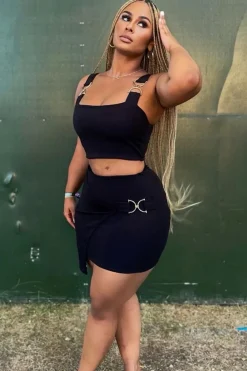 Rebellious Fashion Black Buckle Crop Top and Asymmetric Skirt Set - Natalie