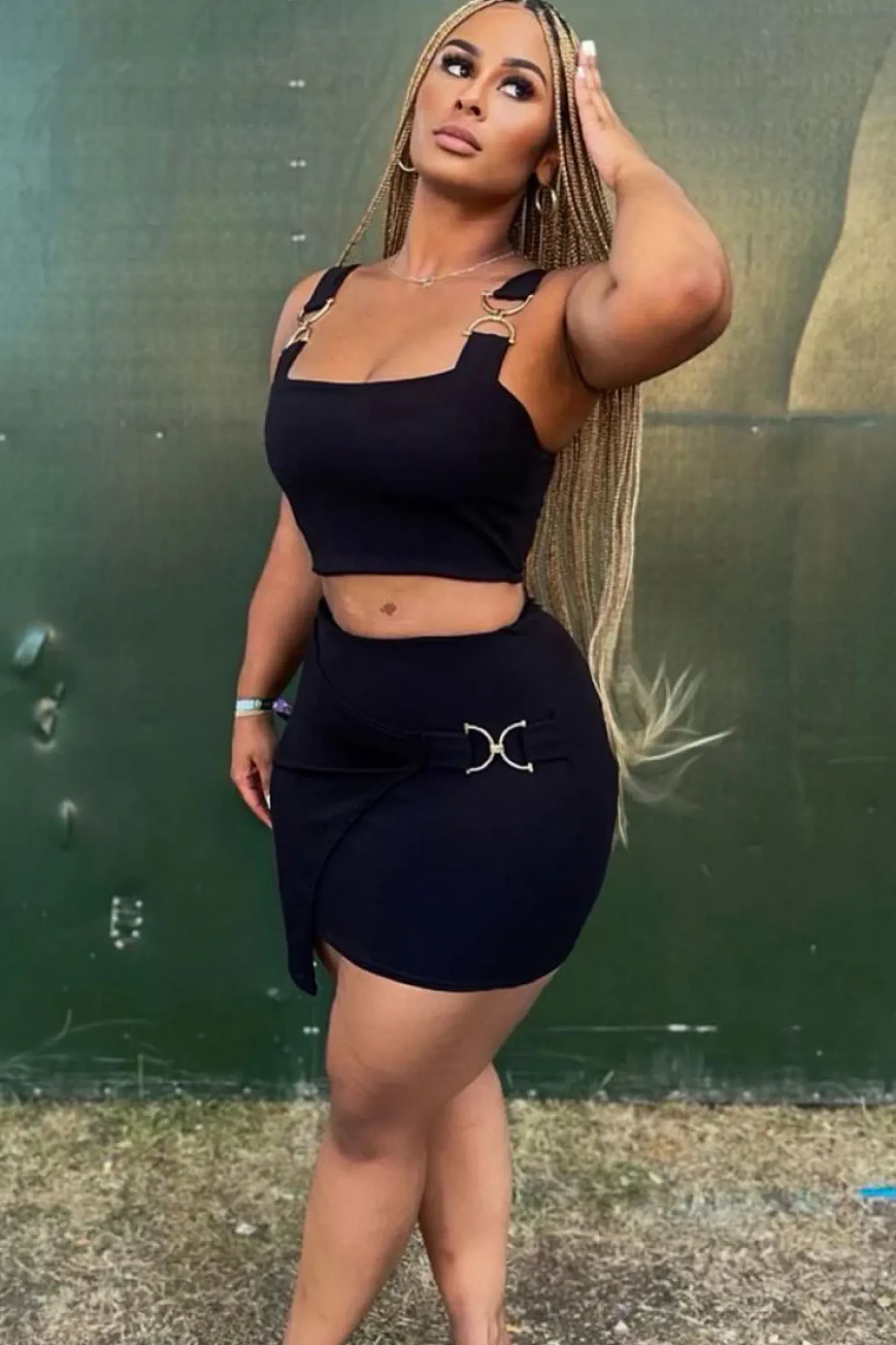 Rebellious Fashion Black Buckle Crop Top and Asymmetric Skirt Set - Natalie