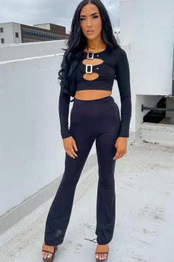 Rebellious Fashion Black Buckled Detail Crop Top - Nala