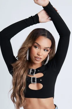 Rebellious Fashion Black Buckled Detail Crop Top - Nala