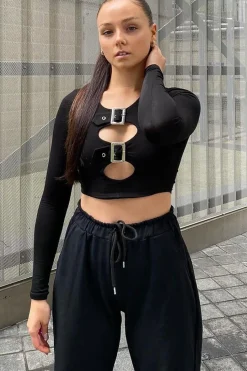 Rebellious Fashion Black Buckled Detail Crop Top - Nala