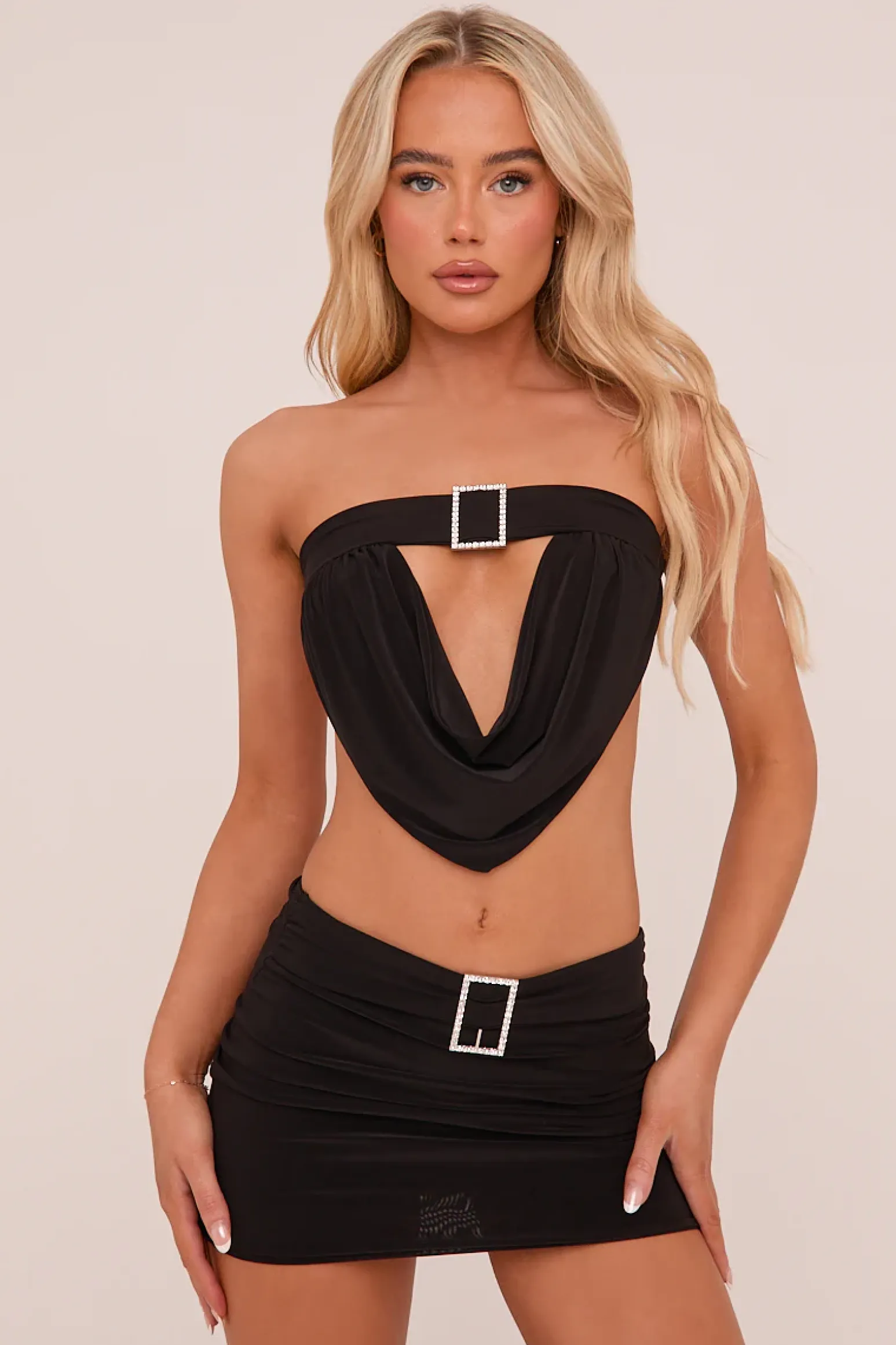Rebellious Fashion Black Buckle Detail Cropped Top & Mini Skirt Co-ord Set - Charlotte