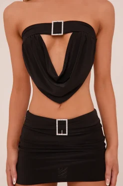 Rebellious Fashion Black Buckle Detail Cropped Top & Mini Skirt Co-ord Set - Charlotte