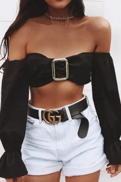 Rebellious Fashion Black Buckle Front Extreme Bardot Crop Top - Theora