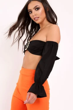 Rebellious Fashion Black Buckle Front Extreme Bardot Crop Top - Theora