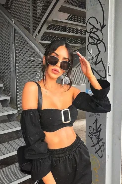 Rebellious Fashion Black Buckle Front Extreme Bardot Crop Top - Theora