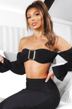 Rebellious Fashion Black Buckle Front Extreme Bardot Crop Top - Theora