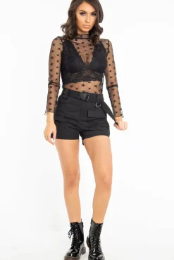 Rebellious Fashion Black Buckle Front Woven Utility Shorts - Minh
