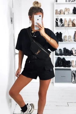 Rebellious Fashion Black Buckle Front Woven Utility Shorts - Minh