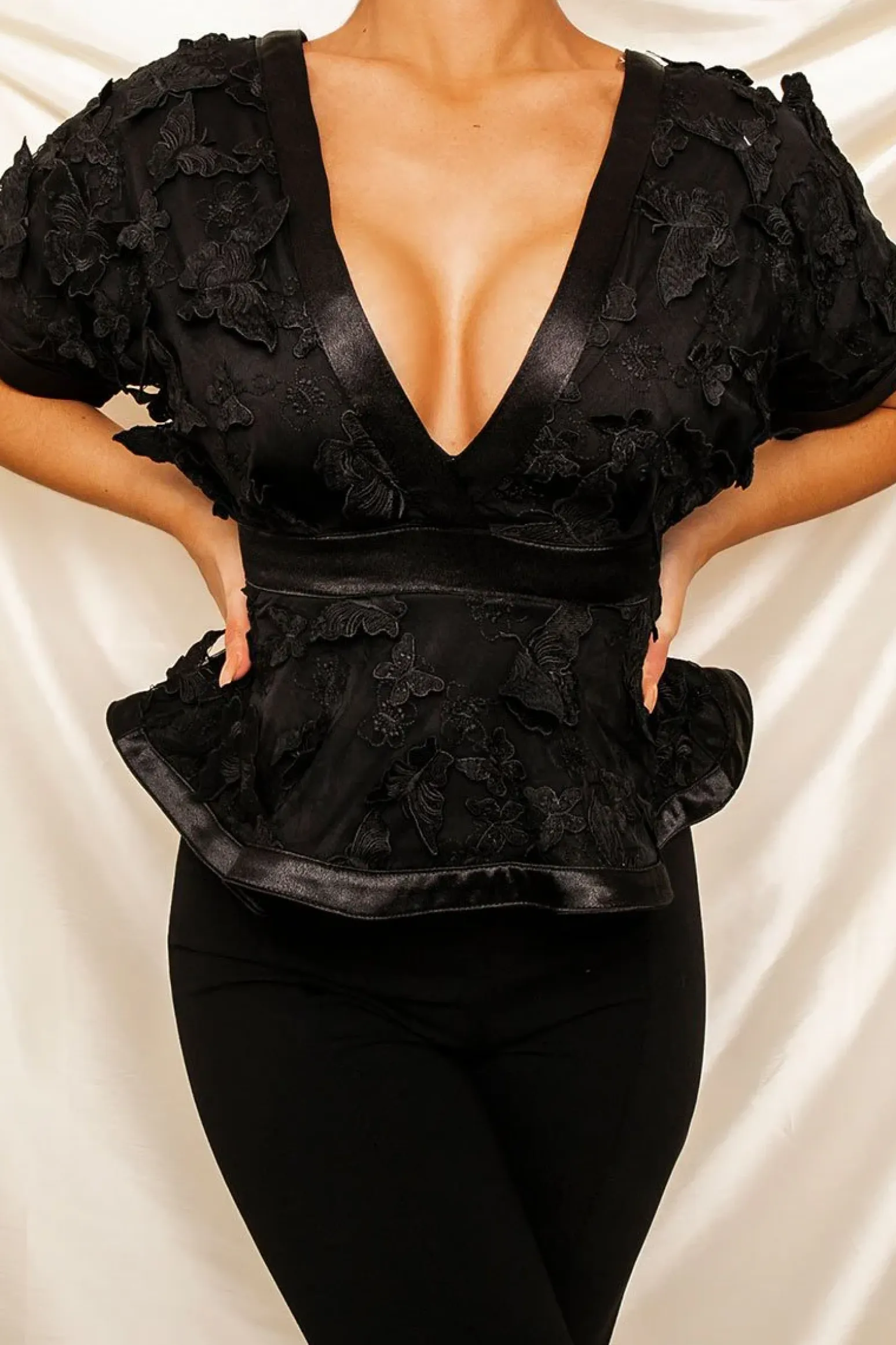 Rebellious Fashion Black Butterfly Applique Plunging Neckline Top - Mallory