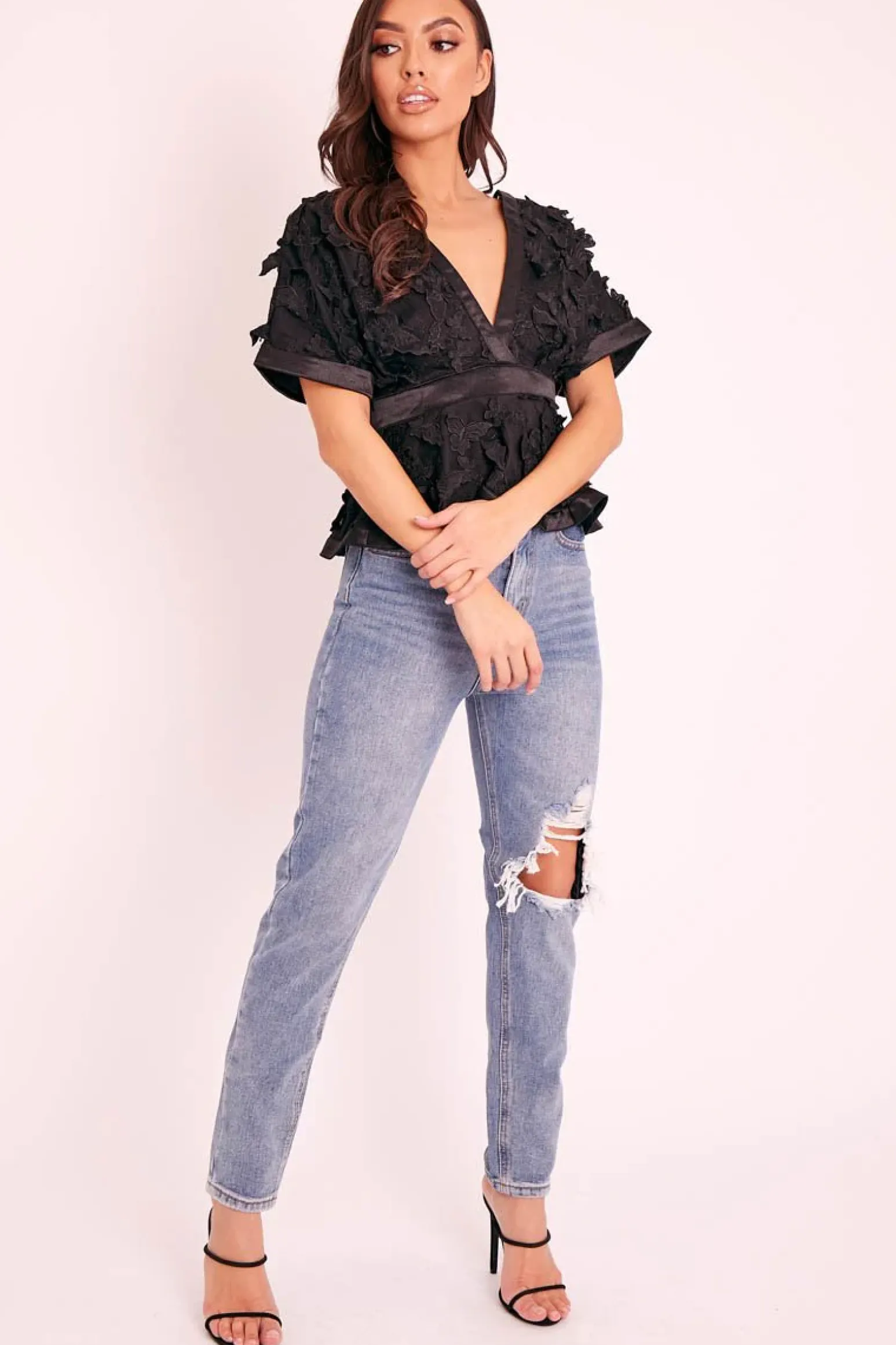 Rebellious Fashion Black Butterfly Applique Plunging Neckline Top - Mallory