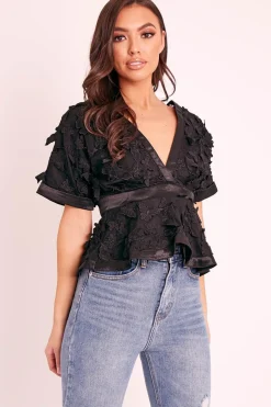 Rebellious Fashion Black Butterfly Applique Plunging Neckline Top - Mallory