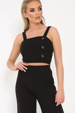 Rebellious Fashion Black Button Detail Crop Top - Amory