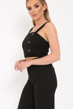 Rebellious Fashion Black Button Detail Crop Top - Amory