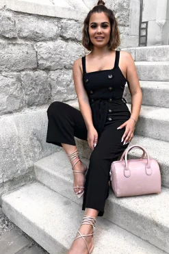 Rebellious Fashion Black Button Front Belted Culotte Jumpsuit - Magy