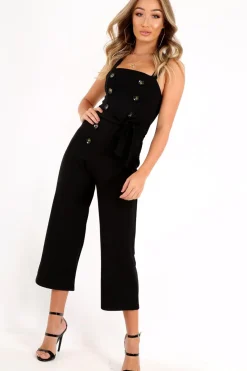 Rebellious Fashion Black Button Front Belted Culotte Jumpsuit - Magy
