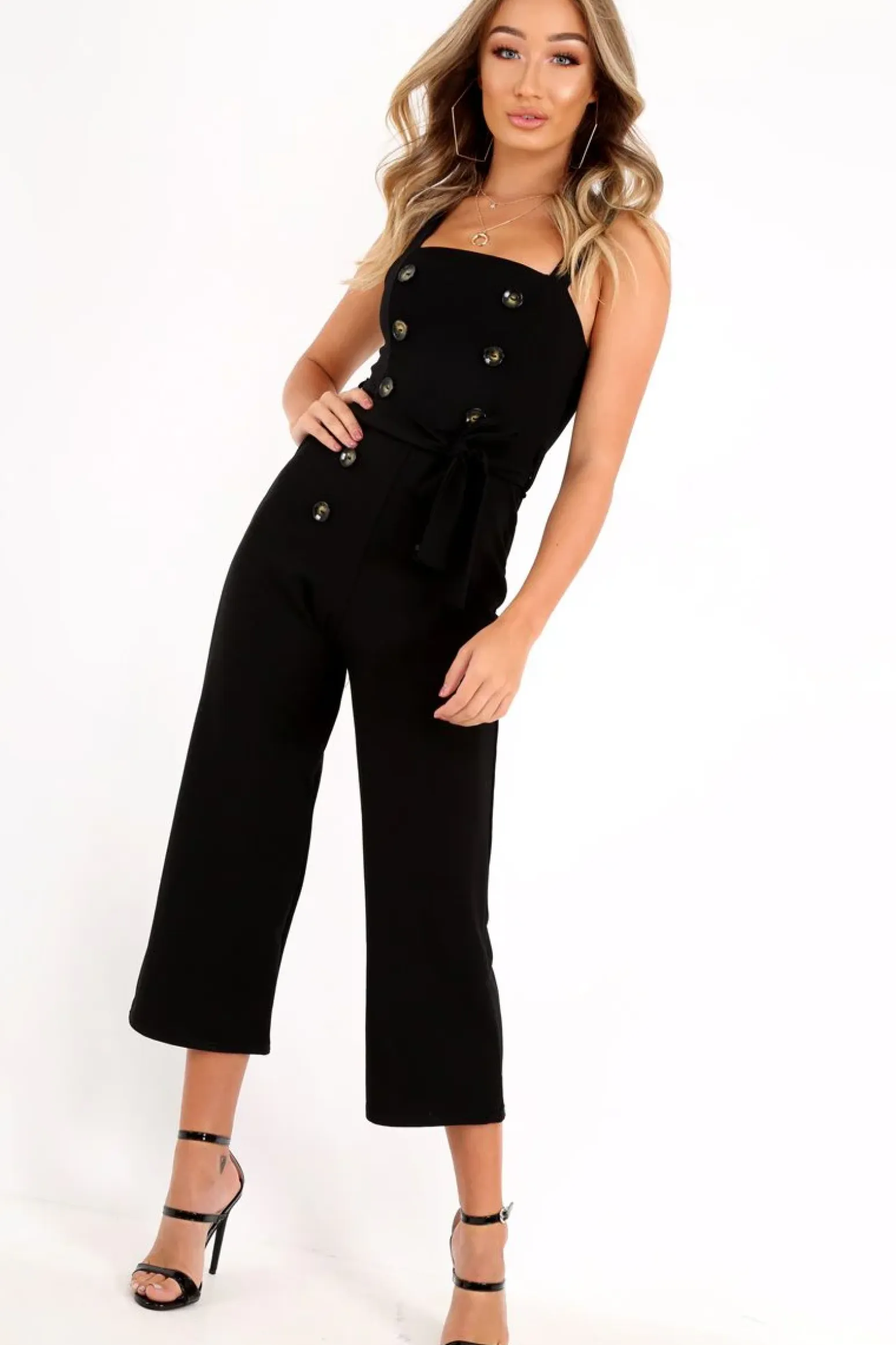 Rebellious Fashion Black Button Front Belted Culotte Jumpsuit - Magy