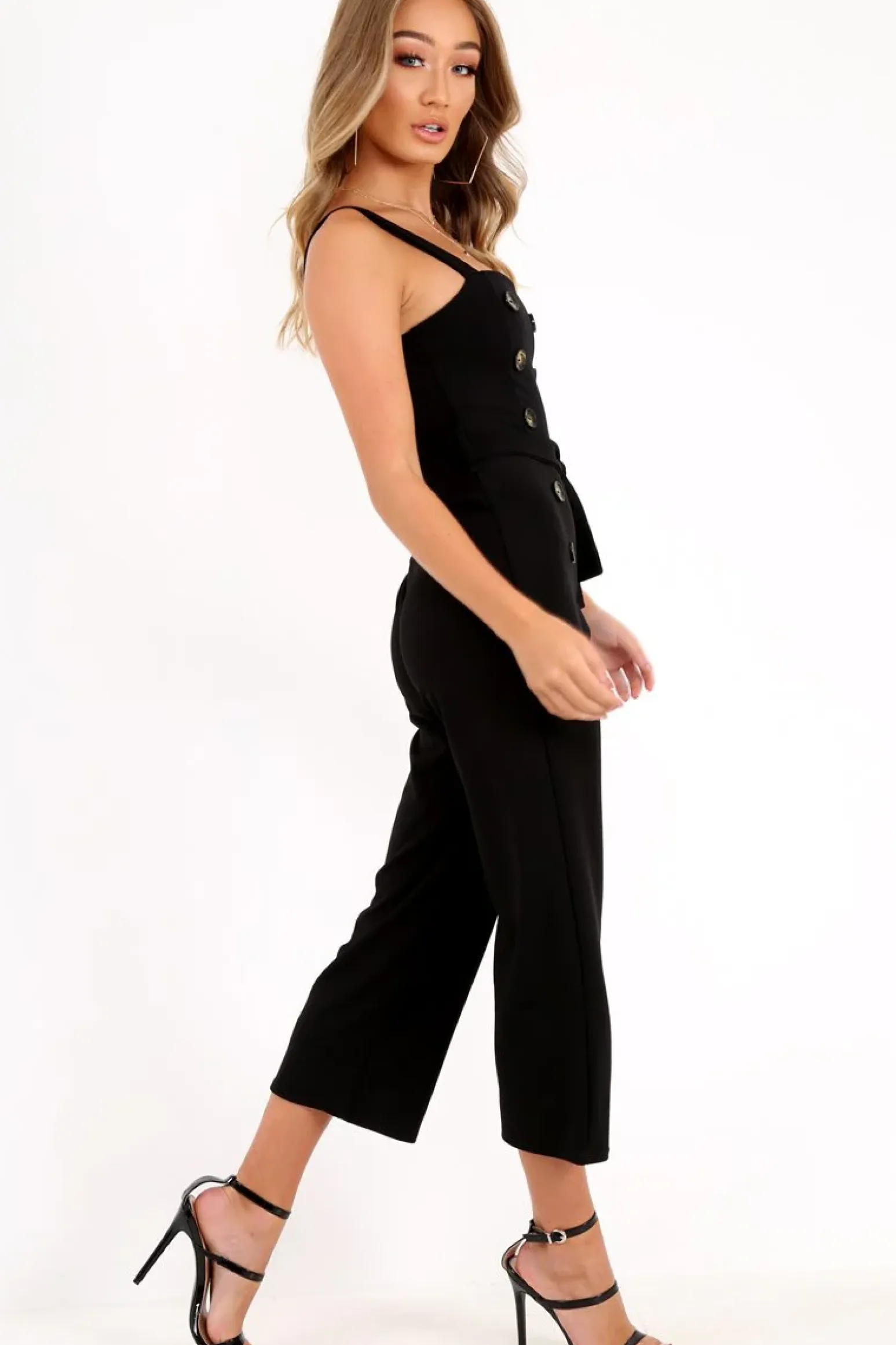 Rebellious Fashion Black Button Front Belted Culotte Jumpsuit - Magy