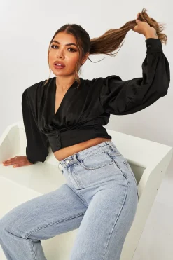 Rebellious Fashion Black Button Front Plunge Satin Crop Top - Khali