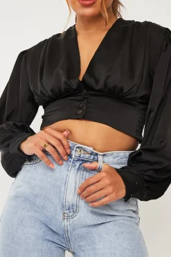 Rebellious Fashion Black Button Front Plunge Satin Crop Top - Khali