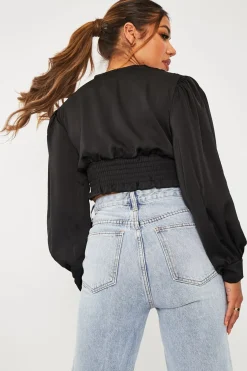 Rebellious Fashion Black Button Front Plunge Satin Crop Top - Khali