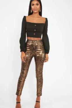 Rebellious Fashion Black Button Front Puff Sleeve Crop Top - Analiese