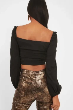 Rebellious Fashion Black Button Front Puff Sleeve Crop Top - Analiese